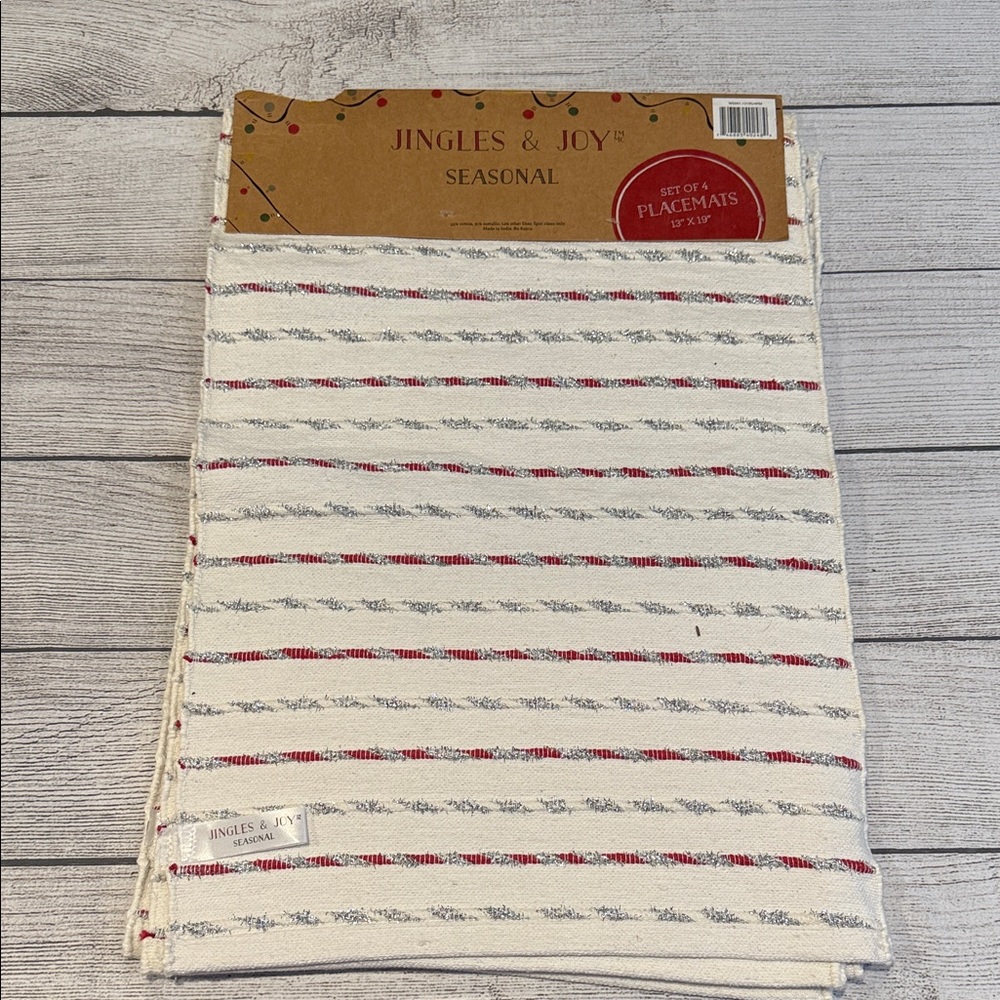 Set of 4 Jingles & Joy striped seasonal placemats for Christmas holiday